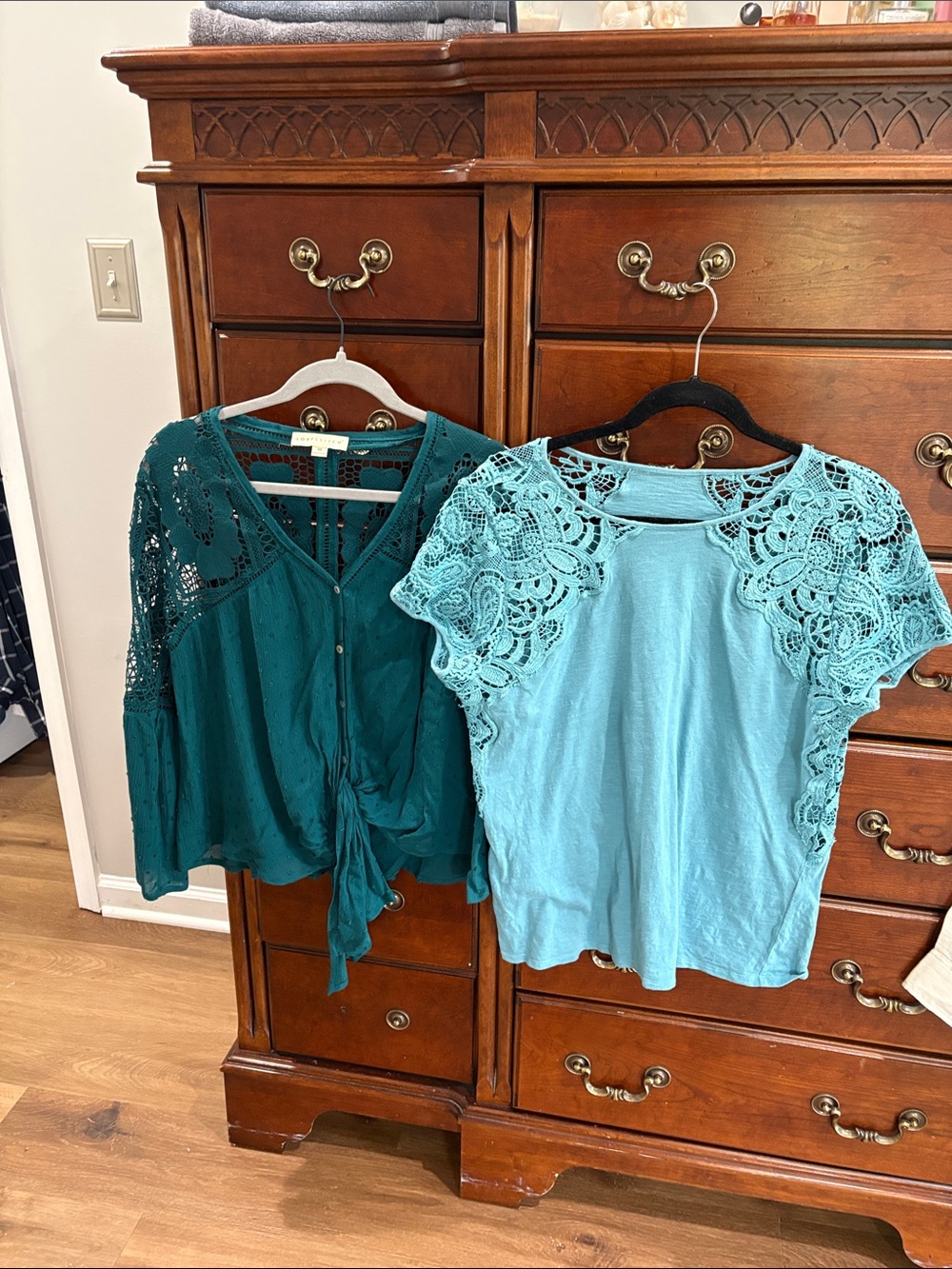 Sundance Teal Crochet Tie-Front Blouse and Aqua Lace Sleeve Tee price for 2 tops